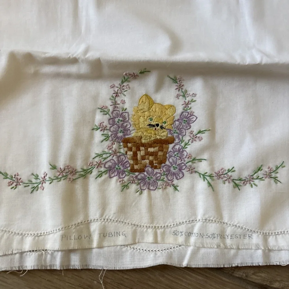 2 White Pillow Cases Embroidered Needle Cats In Baskets Pillowcases- Unfinished